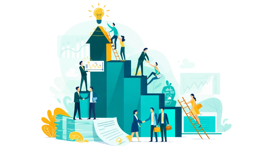 Business professionals ascending stairs, symbolizing progress and ambition in the finance sector at FinCrest.