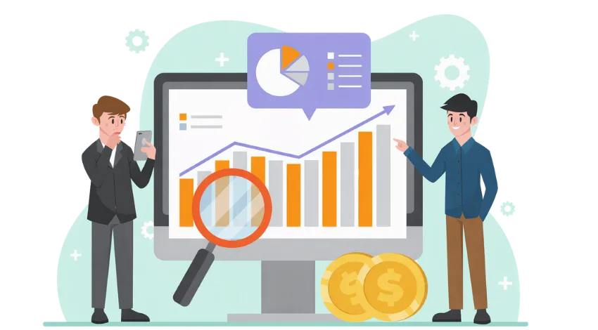 Two individuals examine a computer screen using a magnifying glass, focusing on finance and compliance processes.