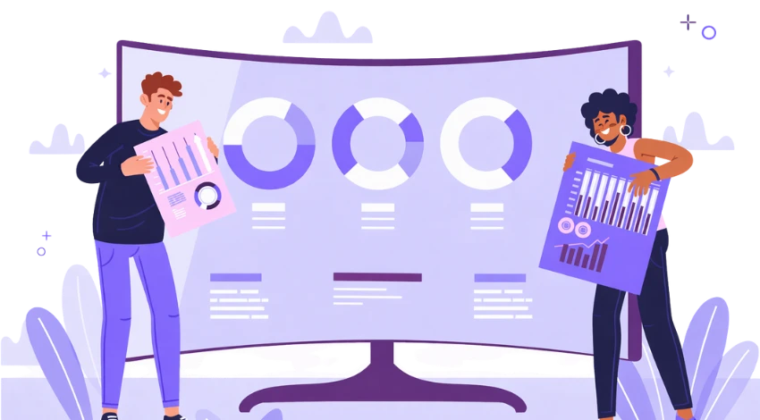 Two people analyze a computer screen displaying a chart, focusing on financial intelligence and dashboard design.