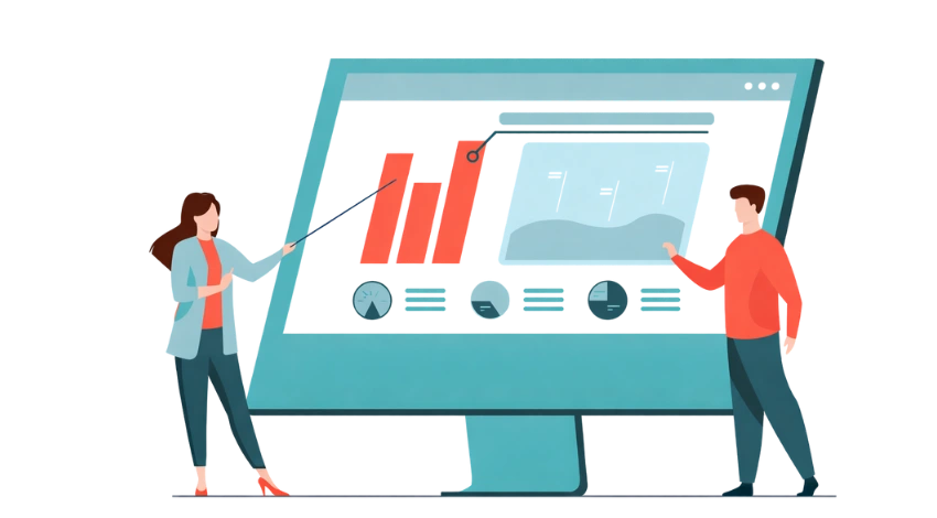 Two individuals next to a computer screen with graphs, focusing on analyzing financial data and process gaps.