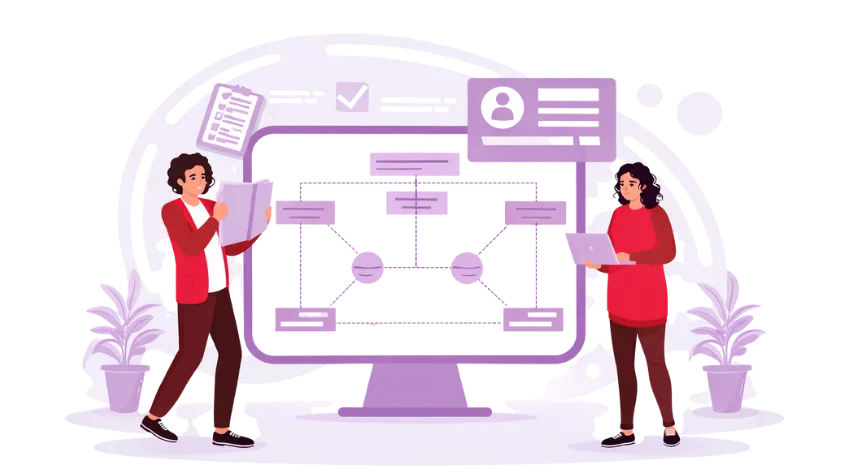 Two people stand before a computer screen, discussing financial intelligence and metrics optimization for business insights.