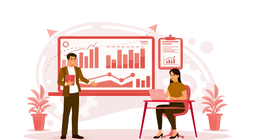 A man and woman are positioned before a computer screen, focusing on automating data flows for enhanced financial intelligence.