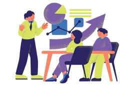 Group of professionals in a meeting analyzing graphs and charts, emphasizing real-time support for growth and planning.