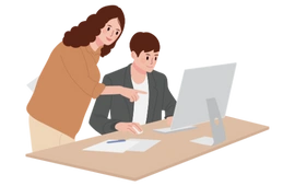 A man and woman collaborate on a computer, discussing insights for a virtual CFO model and performance reviews.