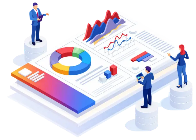 Isometric illustration showing business individuals with charts and graphs, highlighting finance management and growth solutions.