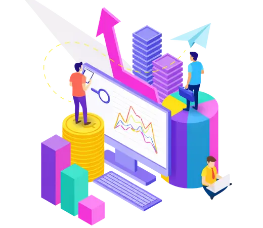 Individuals with graphs and arrows, representing structured financial services for confident growth.