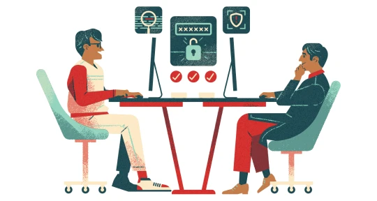Illustration of two people working at connected screens with a secure login, verified checks and protected data