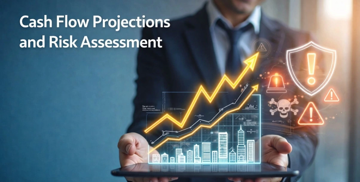 Cash flow projections and risk assessment visualization for SaaS financial planning and startup financial strategy.
