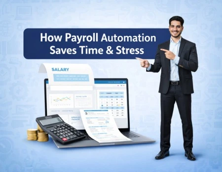 Businessman presenting payroll automation software dashboard showing time-saving payroll process